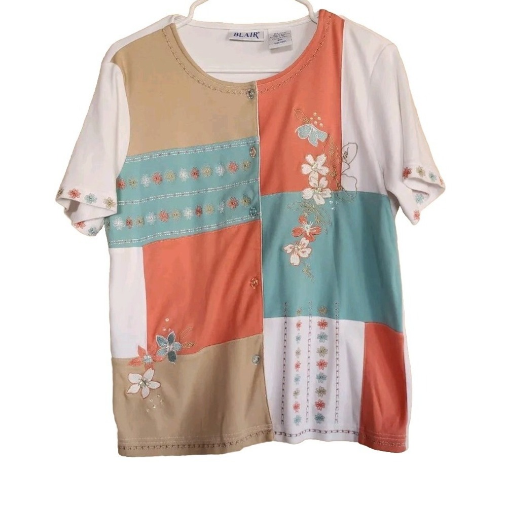 Vintage BLAIR Color Block Button Up Shirt  Embroidered Womens Small Grandma Core